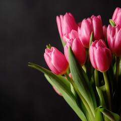 Naklejka premium Close-up of a vibrant bouquet of pink tulips, set against a dark background, showcasing the delicate petals and lush green foliage.