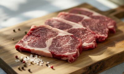 Fototapeta premium Four raw steak slices arranged on a light brown wooden cutting board. Seasoning with salt and pepper