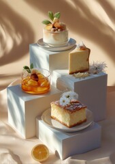 Assorted elegant desserts styled on geometric pedestals in warm sunlight, ideal for bakery ads, cafe branding, food blogs, recipes, dessert menus