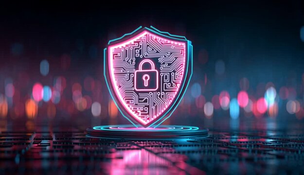 Digital security shield icon with glowing pink and blue neon outline, circuit board patterns inside shield, lock symbol in center, floating on futuristic platform