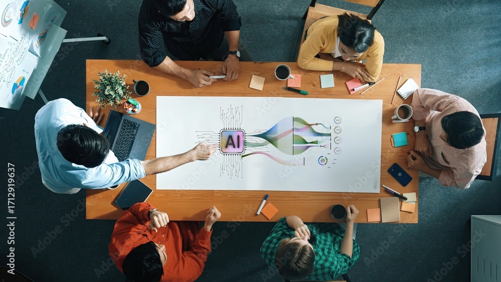 Poster a diverse team collaborates in a modern office setting, discussing strategies and showcasing ideas r