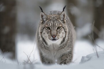 Fototapeta premium Lynx strolling through snowy woods during winter months.