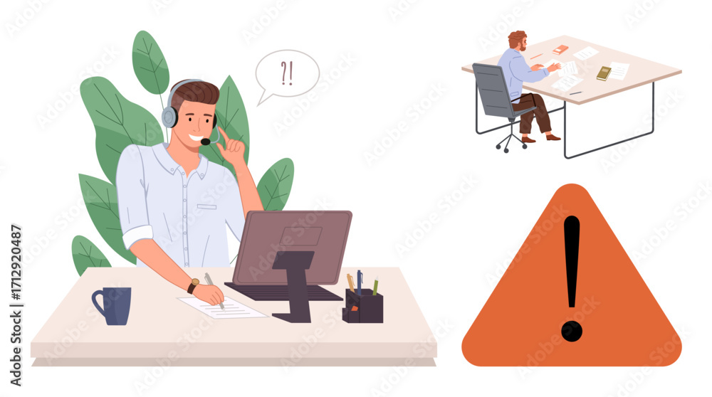 Poster customer service agent using headset at desk with computer. alert icon and employee at table suggest
