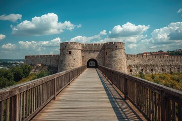 Obraz premium Timber footbridge and archway marking an entrance to a historic fortress hosting a major music festival