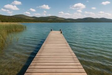 Scenic wooden dock extending into a serene lake