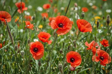 Obraz premium Bright scarlet poppies flourish across the meadow on a sunny summer afternoon.