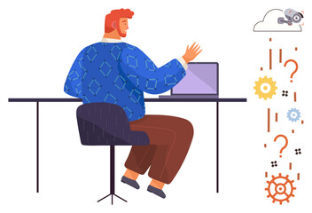 Person seated at desk using laptop with abstract cloud data visuals, gears, and question marks. Ideal for technology, cloud computing, innovation, analysis, problem-solving, IT support modern work