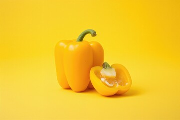 Entire yellow bell pepper with a sliced half, set against a plain backdrop