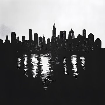 Fototapeta Black and white New York City skyline silhouette with water reflection image photo