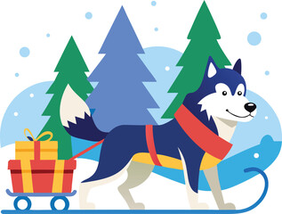 Husky dog pulling a sleigh with gifts through a winter forest