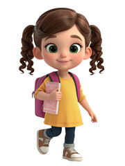 Child girl going to school, isolated on transparent PNG background, edited with Generative A