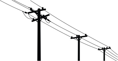 Utility pole silhouettes in perspective, power line infrastructure, black and white illustration, electrical distribution system, urban energy, engineering layout