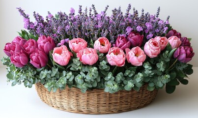 A large arrangement of pink and purple tulips, lavender, and eucalyptus in a shallow wicker basket
