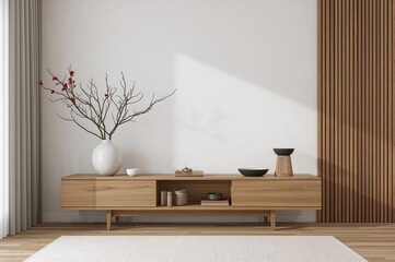 Cozy and warm living room setup featuring a wooden console, decorative vase with branches, cup, sculpture, bowl, and personal items. Minimalist design with ample copy space.