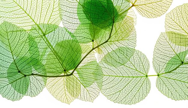 Translucent green leaves with visible vein structure, delicate leaf skeletons, transparent organic textures, floating gracefully on pure white background