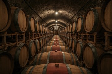Cellar storage with wooden barrels for aging wine and spirits