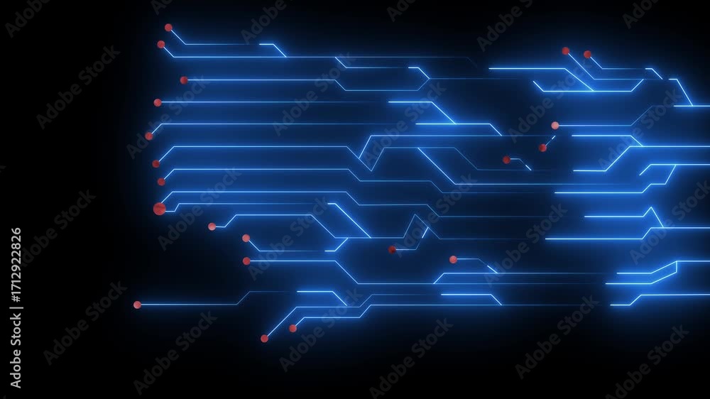 Poster abstract blue circuit board lines with red dots on black background technology