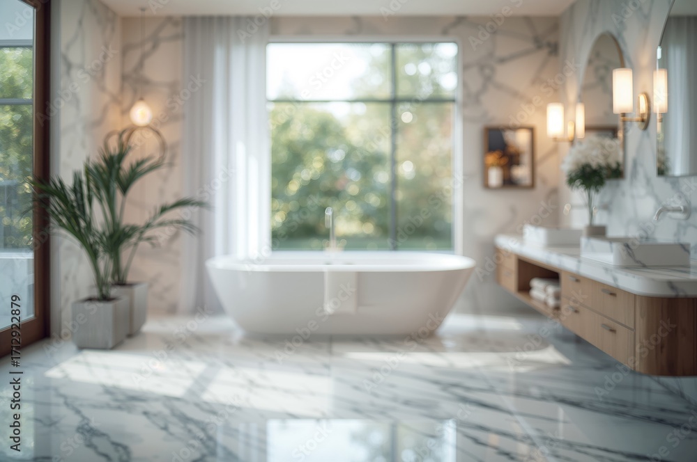 Poster blurred abstract bathroom setting with white marble tiles and window bokeh, ideal for product showca