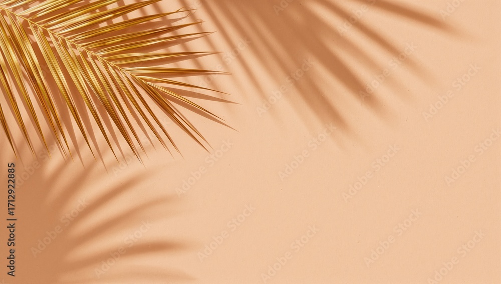 Poster overhead shot of golden tropical foliage casting shadows on a soft brown surface. minimal summer the