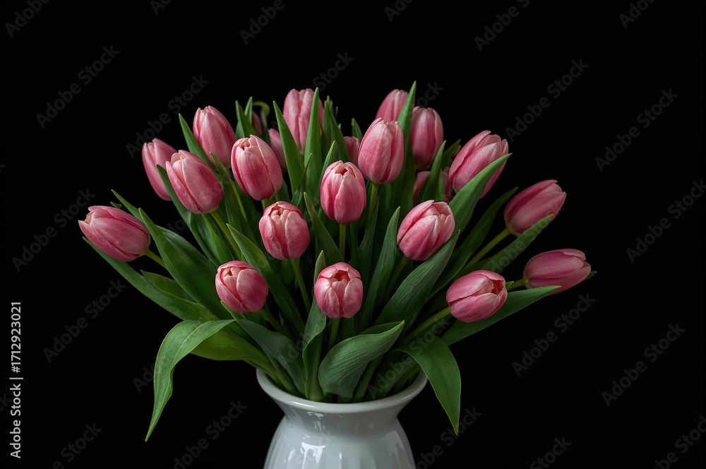 Canvas Prints elegant pink and green tulips arranged in a white container on a dark background with artistic light