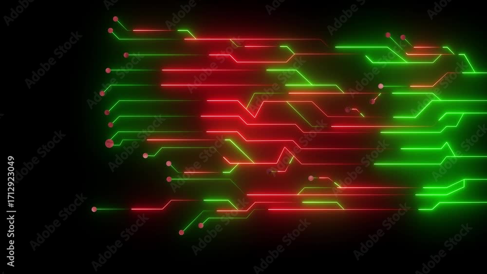 Poster abstract green and red circuit board lines with red dots on black background technology
