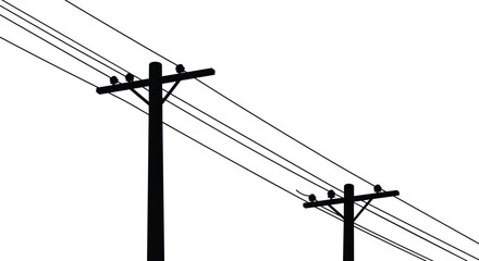 Utility pole silhouettes, power line infrastructure, black and white illustration, electrical distribution system, urban energy layout, engineering perspective design
