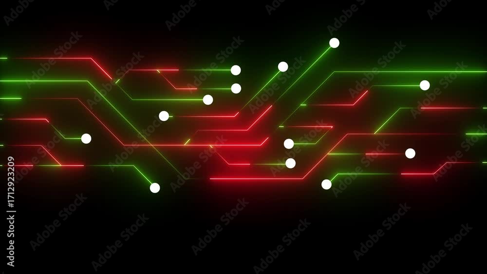 Aufkleber abstract red and green neon circuit board lines and nodes on black background technology digital