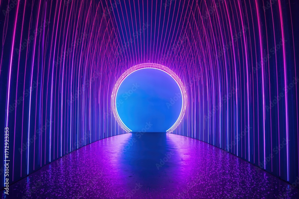 Poster glowing lines form a circular gateway in a neon-lit vr environment with an abstract background and c