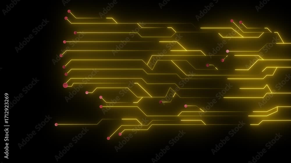 Poster abstract yellow circuit board lines with red dots on black background technology