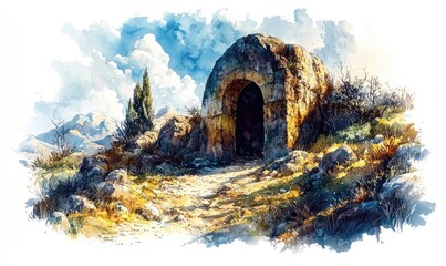 Watercolor landscape of a stone structure in a mountainous region.  A pathway leads to a cave-like arch