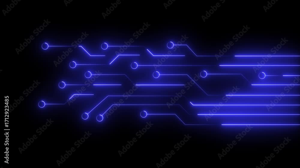 Aufkleber blue neon circuit board lines with circular nodes on dark background technology digital