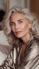 Elegant mature woman with silver hair wearing a metallic gold blouse and statement earrings, luxury beauty portrait with soft lighting and timeless sophistication