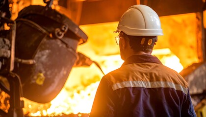 Industrial worker observing molten metal in a furnace