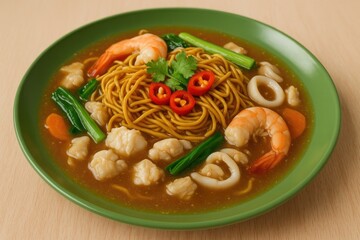 Green plate presentation of Yee Mee seafood dish