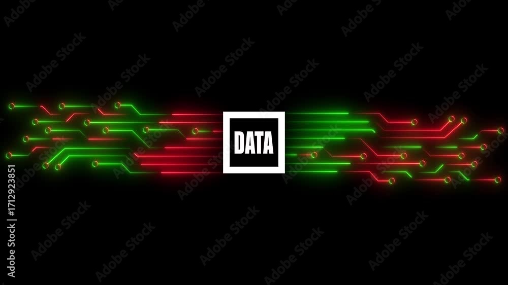 Poster digital data circuit board with red and green neon lines and central text technology network
