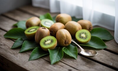 Fresh kiwi fruit on rustic wooden surface with leaves and a spoon