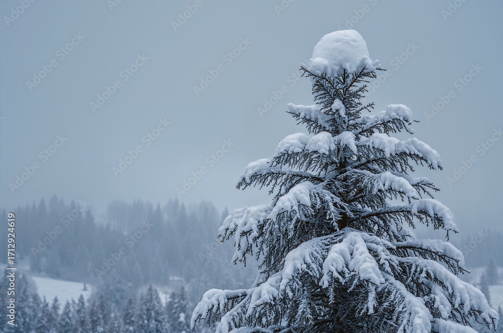 Poster a pine tree blanketed in snow with a snowball perched atop, symbolizing calmness and serenity in a w