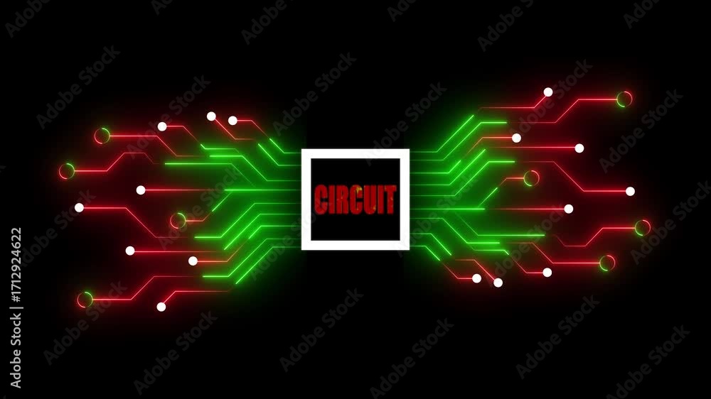 Poster glowing circuit board with red and green neon lines and the word circuit technology computer