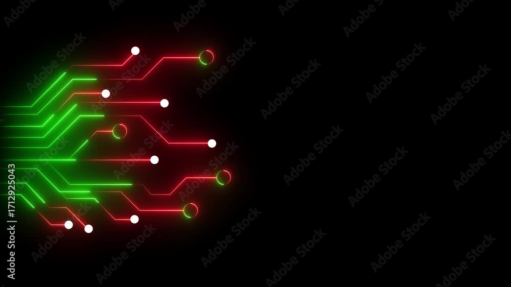 Poster neon circuit board lines with red and green glow on black background with copy space technology abst