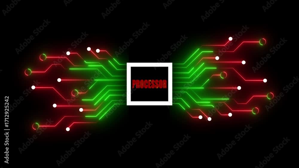 Poster neon circuit board with procesor text on black background processor technology