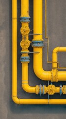 Yellow gas pipeline and valves. Modern oil and gas industrial technology. Industry infrastructure network, top view