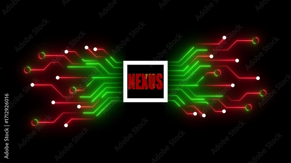 Poster symmetrical circuit board with green and red glowing lines and 
