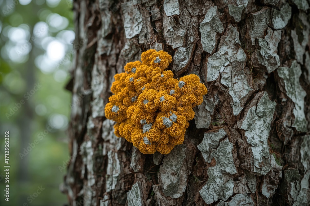 Poster crustose lichen with yellow-green hues spreading across gray tree bark, showcasing natural texture a