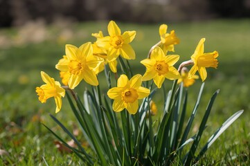 Fototapeta premium Bright Yellow Daffodils Blossoming Under Sun Rays