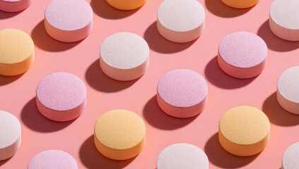 Obraz premium Pastel-colored pills in a grid pattern on a pink surface