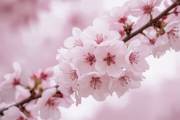 Obraz premium Blossoming pink flowers on a branch in springtime with a soft-focus background