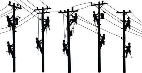 Utility pole worker silhouettes, electrical maintenance illustration, black and white infrastructure, power line repair, energy system, engineering concept, safety gear