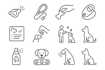 Training chart clicker dog icons whistle calming pet session sit obedience vector