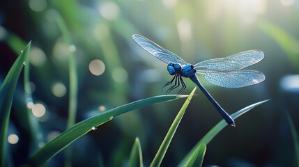 Blue Dragonfly on Wet Grass Blades in Morning Sunlight with Dew Drops insect macro photo