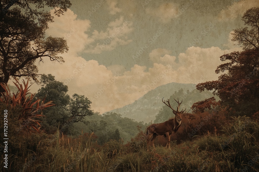 Aufkleber global wildlife with natural patterns and sky backdrop featuring trees and grass